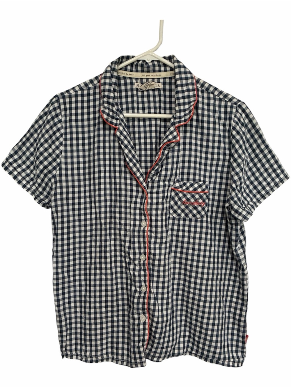 Magnolia Navy & White Gingham Short-Sleeve Pajama Top with Red Piping